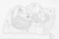 Size: 1280x832 | Tagged: safe, artist:ramott, trixie, twilight sparkle, pony, unicorn, g4, female, floppy ears, lesbian, lying down, on side, ship:twixie, shipping, sleeping, unicorn twilight