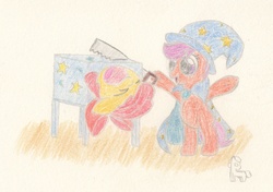 Size: 1700x1200 | Tagged: safe, artist:ramott, apple bloom, scootaloo, earth pony, pegasus, pony, g4, bipedal, box, box sawing trick, magic trick, saw, traditional art