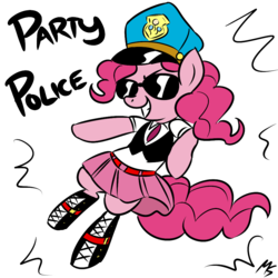 Size: 945x945 | Tagged: safe, artist:csubakka, artist:megasweet, pinkie pie, earth pony, pony, g4, boots, clothes, female, hat, hoof boots, mare, police, simple background, skirt, solo, sunglasses, transparent background