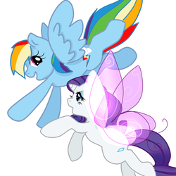 Size: 1000x1000 | Tagged: safe, artist:aruva-chan, rainbow dash, rarity, g4, artificial wings, augmented, female, flying, lesbian, magic, magic wings, ship:raridash, shipping, wings