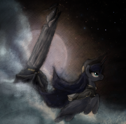 Size: 800x790 | Tagged: safe, artist:hewison, princess luna, pony, under a paper moon, g4, airship, captain luna, clothes, dark, female, flying, hat, solo