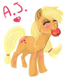 Size: 654x761 | Tagged: safe, artist:donenaya, applejack, earth pony, pony, g4, apple, blushing, female, mouth hold, obligatory apple, solo