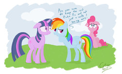 Size: 1024x621 | Tagged: safe, artist:citron--vert, pinkie pie, rainbow dash, twilight sparkle, g4, too many pinkie pies