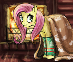 Size: 628x530 | Tagged: safe, artist:donenaya, fluttershy, pony, g4, blanket, female, fireplace, leg warmers, solo