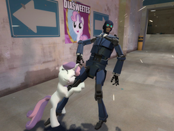 Size: 1024x768 | Tagged: safe, artist:pika-robo, sweetie belle, robot, g4, 3d, crossover, cute, diasweetes, gmod, hug, implied sweetie bot, robospy, spy, spy (tf2), team fortress 2