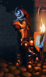 Size: 768x1280 | Tagged: safe, artist:cannibalus, pony, armor, guard, helmet, magic, new lunar republic, night, solo, telekinesis, torch