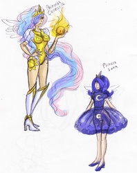 Size: 714x900 | Tagged: safe, artist:donenaya, princess celestia, princess luna, human, g4, armor, clothes, dress, humanized, magic, tutu