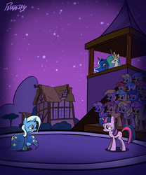 Size: 1000x1200 | Tagged: dead source, safe, artist:slitherpon, princess celestia, princess luna, trixie, twilight sparkle, g4, building, crowd