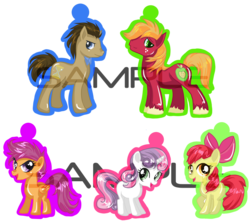 Size: 800x714 | Tagged: safe, artist:recklessantics, apple bloom, big macintosh, doctor whooves, scootaloo, sweetie belle, time turner, earth pony, pony, g4, cutie mark crusaders, keychain, male, simple background, stallion, transparent background