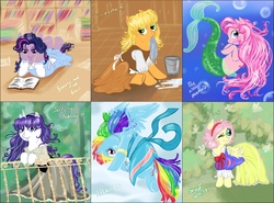 Size: 2081x1537 | Tagged: safe, artist:donenaya, applejack, fluttershy, pinkie pie, rainbow dash, rarity, twilight sparkle, mermaid, g4, applerella, atlantis, atlantis: the lost empire, beauty and the beast, cinderella, cosplay, crossover, disney, disney princess, mane six, sleeping beauty, snow white, the little mermaid