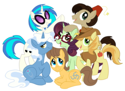 Size: 1000x731 | Tagged: safe, artist:katseartist, braeburn, caramel, dj pon-3, doctor whooves, pokey pierce, time turner, vinyl scratch, oc, earth pony, pony, unicorn, g4, alternate mane six, eleventh doctor, female, fez, glasses, hat, horn, male, mane six opening poses, mare, recolor, simple background, stallion, transparent background