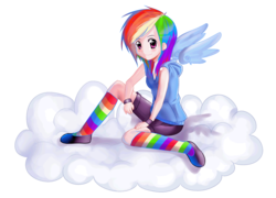 Size: 2185x1576 | Tagged: safe, artist:anikearmen, rainbow dash, human, g4, clothes, cloud, female, humanized, rainbow socks, simple background, socks, solo, striped socks, transparent background