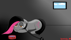 Size: 1920x1080 | Tagged: safe, artist:verminshy, oc, oc only, oc:crossie, pony, captive, pet, sad, solo, trap