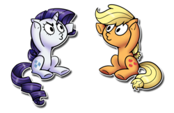 Size: 930x606 | Tagged: safe, artist:ufocookiez, applejack, rarity, g4, chibi, simple background, transparent background