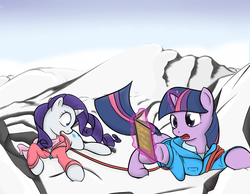Size: 900x700 | Tagged: safe, artist:theparagon, rarity, twilight sparkle, g4, clothes, jacket, mountaineering