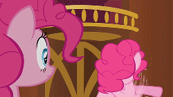 Size: 500x281 | Tagged: safe, screencap, pinkie pie, earth pony, pony, g4, too many pinkie pies, animated, betcha can't make a face crazier than this, clone, duo, female, mare, multeity, pinkie clone, pinkie's silly face, too much pink energy is dangerous