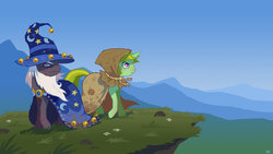 Size: 1024x576 | Tagged: safe, artist:cmaggot, clover the clever, star swirl the bearded, pony, unicorn, g4, cape, clothes