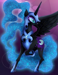 Size: 2625x3375 | Tagged: safe, artist:twotigermoon, nightmare moon, g4, abstract background, spread wings, watermark, wings