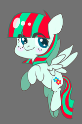 Size: 592x892 | Tagged: dead source, safe, artist:gikima, blossomforth, pegasus, pony, g4, blush sticker, blushing, flying, gray background, looking back, side view, simple background, solo, spread wings, wings