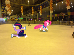 Size: 2560x1920 | Tagged: dead source, safe, artist:chevrolet-evilimpala, pinkie pie, twilight sparkle, pony, g4, faceplant, ice rink, ice skating, ponies in real life, vector