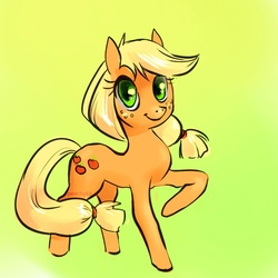 Size: 900x900 | Tagged: safe, artist:peachykit, applejack, earth pony, pony, g4, alternate hairstyle, cute, female, green background, hatless, jackabetes, lime background, looking at you, mare, missing accessory, simple background, solo