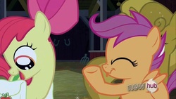 Size: 1178x664 | Tagged: safe, screencap, apple bloom, scootaloo, sweetie belle, g4, scrunchy face, sweetie gold