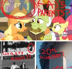 Size: 675x649 | Tagged: safe, apple bloom, applejack, granny smith, human, g4, /mlp/, 4chan, 9/11, 9/11 joke, assassination, book, conspiracy, dealey plaza, grassy knoll, hub logo, irl, irl human, jfk assassination, john f. kennedy, op is on drugs, parent, photo, theory