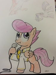 Size: 900x1200 | Tagged: safe, artist:whatsapokemon, scootaloo, pegasus, pony, g4, clothes, elvis presley, microphone, pompadour, traditional art