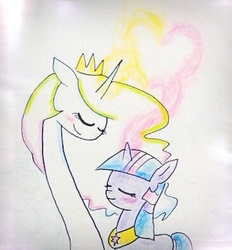 Size: 365x394 | Tagged: safe, artist:danadyu, princess celestia, twilight sparkle, g4, female, heart, lesbian, love, magic, mod, photo, romantic, ship:twilestia, shipping, traditional art, tumblr