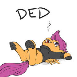 Size: 600x600 | Tagged: safe, artist:aphexangel, scootaloo, pony, g4, clothes, cute, cutealoo, dead, female, hooves, on back, reaction image, solo, stalkerloo, sweater, unshorn fetlocks