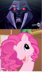 Size: 297x505 | Tagged: safe, pinkie pie, earth pony, pony, g3, g4, too many pinkie pies, female, g4 to g3, generation leap, hub logo, looking at you, mare, megatron, nightmare fuel, pinkie's silly face, transformers