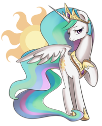 Size: 1917x2371 | Tagged: safe, artist:maren, princess celestia, alicorn, pony, g4, bedroom eyes, cute, cutelestia, cutie mark, female, looking at you, mare, raised hoof, regalia, simple background, solo, spread wings, transparent background