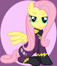 Size: 906x1032 | Tagged: safe, fluttershy, pegasus, pony, g4, clothes, costume, female, frown, goggles, mare, shadowbolts, shadowbolts costume, simple background, solo, spread wings, unmasked, wings