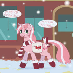 Size: 1280x1280 | Tagged: safe, artist:redintravenous, oc, oc only, oc:red ribbon, pony, unicorn, bow, clothes, female, freckles, hearth's warming eve, mare, mittens, saddle bag, scarf, snow, snowfall, speech, tumblr, winter coat