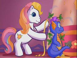 Size: 640x480 | Tagged: safe, screencap, daffidazey, master kenbroath gilspotten heathspike, dragon, earth pony, pony, g3, the princess promenade, measuring tape