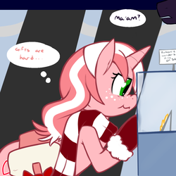 Size: 1000x1000 | Tagged: safe, artist:redintravenous, oc, oc only, oc:red ribbon, pony, unicorn, clothes, female, freckles, hearth's warming eve, mare, mittens, scarf, scrunchy face, tumblr, winter coat