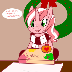 Size: 1000x1000 | Tagged: safe, artist:redintravenous, oc, oc only, oc:red ribbon, pony, unicorn, christmas wreath, clothes, female, freckles, hearth's warming eve, mare, mittens, present, pumpkin, scarf, tongue out, winter coat, wreath