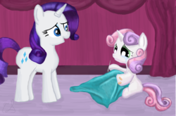 Size: 900x595 | Tagged: dead source, safe, artist:flutteryay56, rarity, sweetie belle, pony, unicorn, g4, bandaid, blanket, crying, duo, female, sewing, siblings, sisters