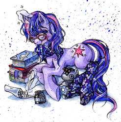Size: 600x607 | Tagged: safe, artist:epic muffin, smarty pants, twilight sparkle, g4, book, clothes, female, glasses, inkwell, moby dick, quill, socks, solo