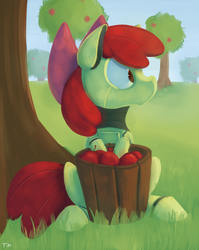 Size: 716x900 | Tagged: dead source, safe, artist:tigs, apple bloom, earth pony, pony, robot, robot pony, g4, apple, apple bloom bot, apple tree, female, foal, food, grass, orchard, outdoors, solo, sweet apple acres, tree
