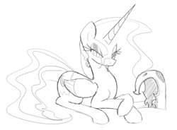 Size: 1211x893 | Tagged: safe, artist:zev, nightmare moon, g4, grayscale, helmet, messy mane, monochrome, sketch