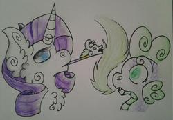 Size: 640x445 | Tagged: safe, artist:artofguillotine, rarity, spike, g4, smoking