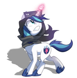 Size: 2497x2525 | Tagged: safe, artist:wicklesmack, shining armor, pony, unicorn, g4, the crystal empire, clothes, female, gleaming shield, magic, mare, rule 63, scarf, scene interpretation, simple background, snow goggles, solo, transparent background