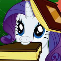 Size: 382x381 | Tagged: safe, rarity, pony, unicorn, g4, book, female, mare, mouth hold, simple background, smiling