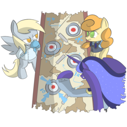 Size: 1024x1024 | Tagged: safe, artist:d3rpy, carrot top, derpy hooves, golden harvest, princess luna, alicorn, earth pony, pegasus, pony, g4, female, glasses, map, mare, team fortress 2, trio, trio female, underp