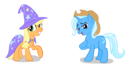 Size: 1600x896 | Tagged: safe, artist:snapai, applejack, trixie, earth pony, pony, unicorn, g4, accessory swap, cape, clothes, female, hat, lesbian, mare, raised hoof, shipping, simple background, transparent background, tripplejack, trixie's cape, trixie's hat