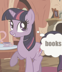 Size: 500x581 | Tagged: safe, artist:flutterwhat, twilight sparkle, pony, unicorn, g4, season 3, spike at your service, bookhorse, cup, female, mare, raised hoof, smiling, solo, teacup, thought bubble, unicorn twilight