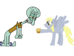 Size: 1024x768 | Tagged: safe, artist:schocky, derpy hooves, pegasus, pony, g4, anti-brony, crossover, female, male, mare, muffin, spongebob squarepants, squidward tentacles