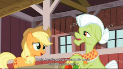 Size: 845x478 | Tagged: safe, screencap, applejack, granny smith, apple family reunion, g4, youtube caption