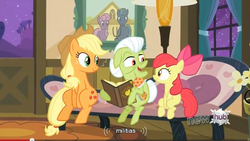 Size: 850x478 | Tagged: safe, screencap, apple bloom, applejack, granny smith, apple family reunion, g4, youtube caption